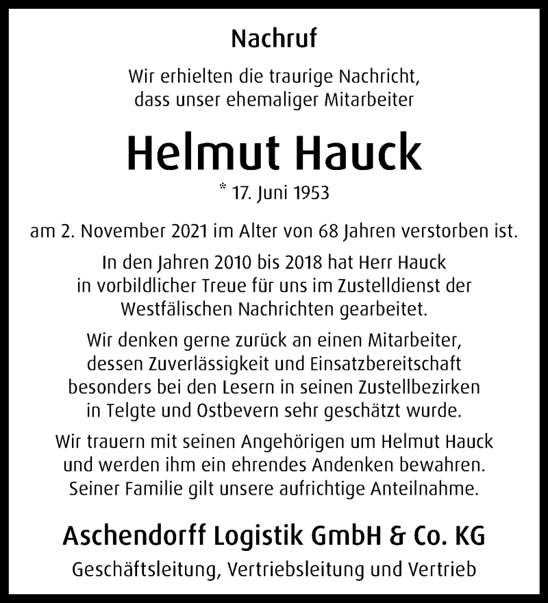  Traueranzeige für Helmut Hauck vom 20.11.2021 aus 