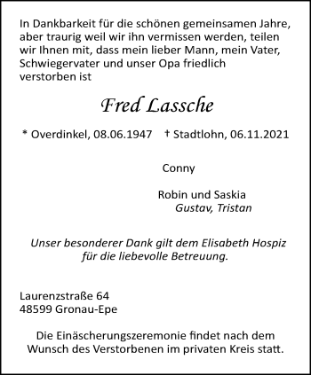 Anzeige von Fred Lassche 