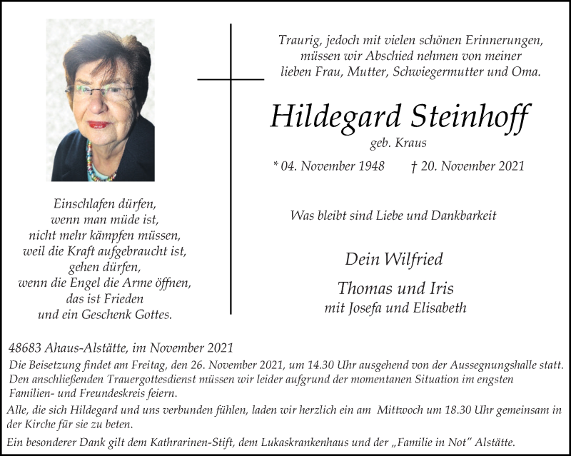 Traueranzeigen von Hildegard Steinhoff | www.trauer.ms