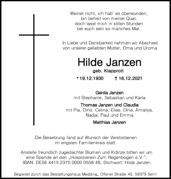 Anzeige von Hilde Janzen 