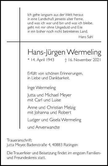 Anzeige von Hans-Jürgen Wermeling 