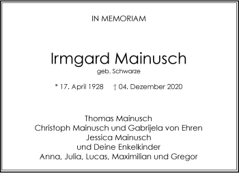 Anzeige von Irmgard Mainusch 