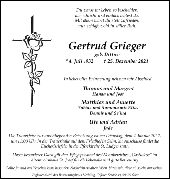 Anzeige von Gertrud Grieger 