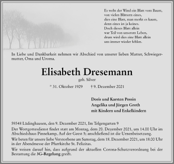 Anzeige von Elisabeth Dresemann 