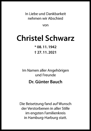 Anzeige von Christel Schwarz 