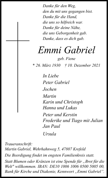 Anzeige von Emmi Gabriel 