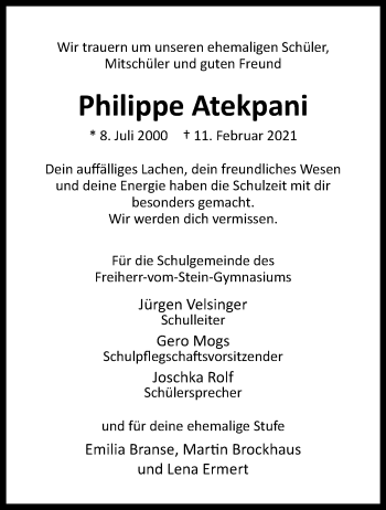 Anzeige von Philippe Atekpani 