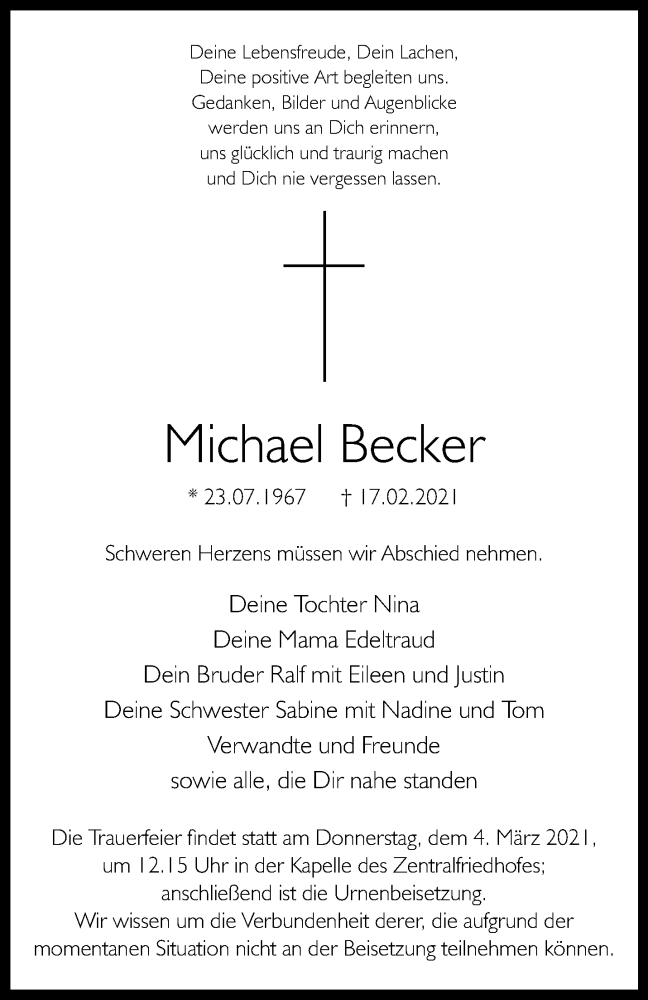 Traueranzeigen Von Michael Becker Www Trauer Ms