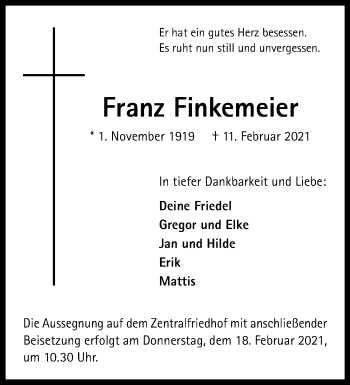 Anzeige von Franz Finkemeier 