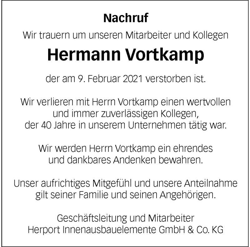  Traueranzeige für Hermann Vortkamp vom 17.02.2021 aus 