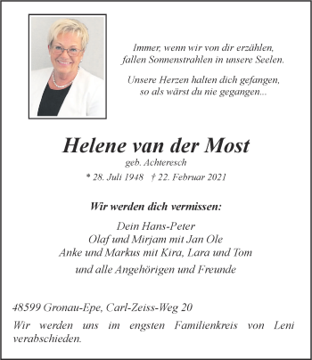 Anzeige von Helene van der Most 