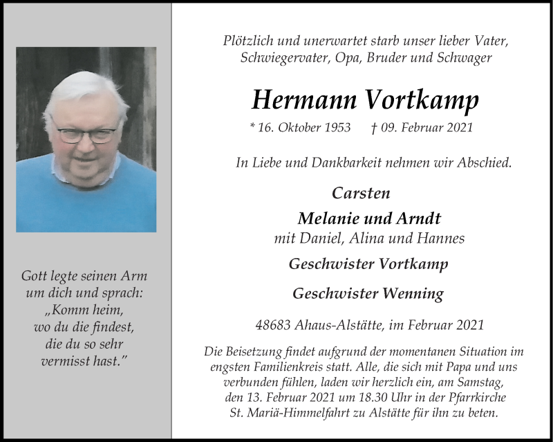  Traueranzeige für Hermann Vortkamp vom 12.02.2021 aus 