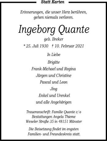 Anzeige von Ingeborg Quante 