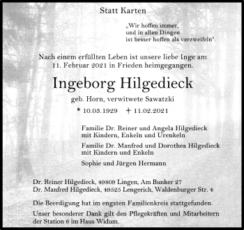 Anzeige von Ingeborg Hilgedieck 