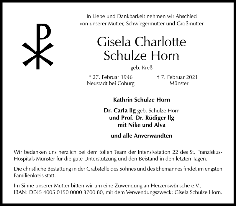  Traueranzeige für Gisela Charlotte Schulze Horn vom 13.02.2021 aus 