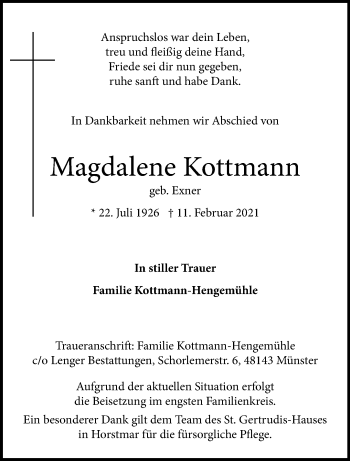 Anzeige von Magdalene Kottmann 