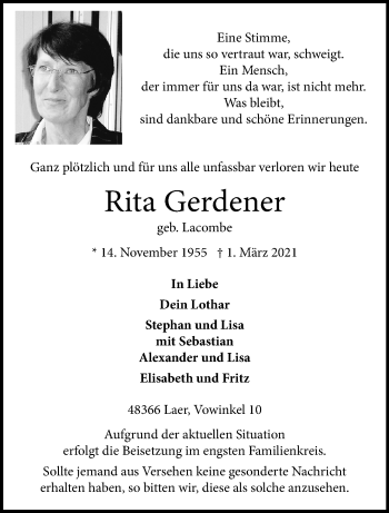 Traueranzeigen von Rita Gerdener | www.trauer.ms