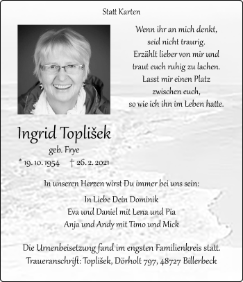 Anzeige von Ingrid Toplisek 