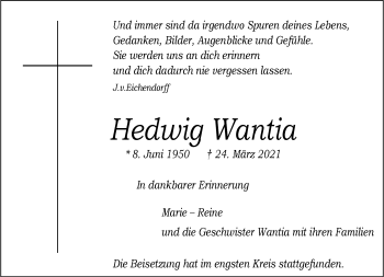 Anzeige von Hedwig Wantia 