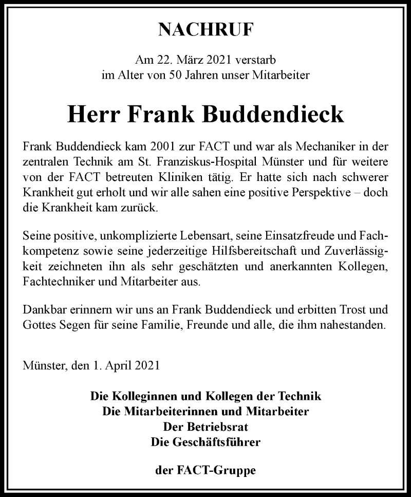  Traueranzeige für Frank Buddendieck vom 07.04.2021 aus 