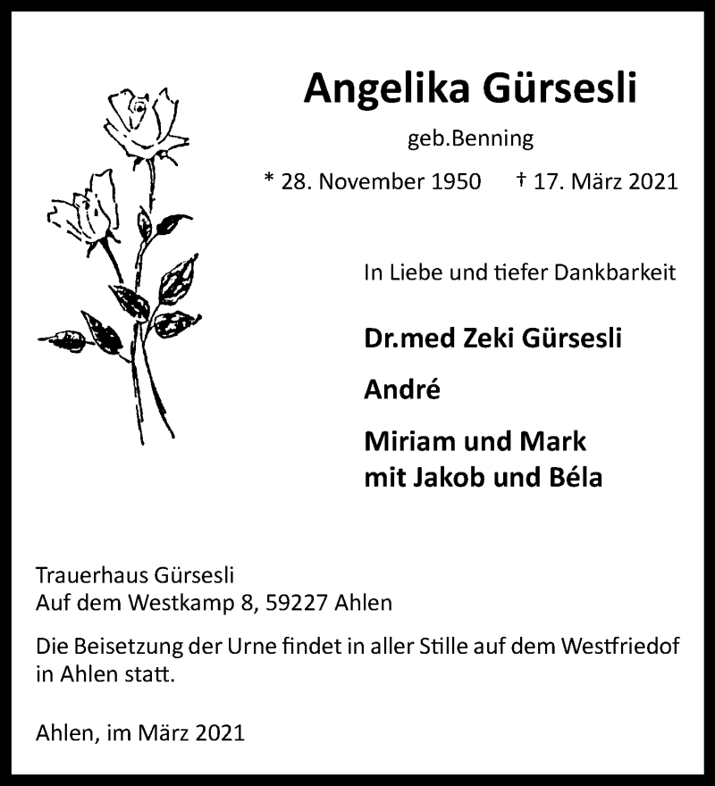  Traueranzeige für Angelika Gürsesli vom 27.03.2021 aus 