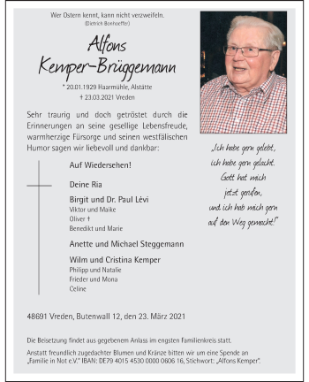 Anzeige von Alfons Kemper-Brüggemann 