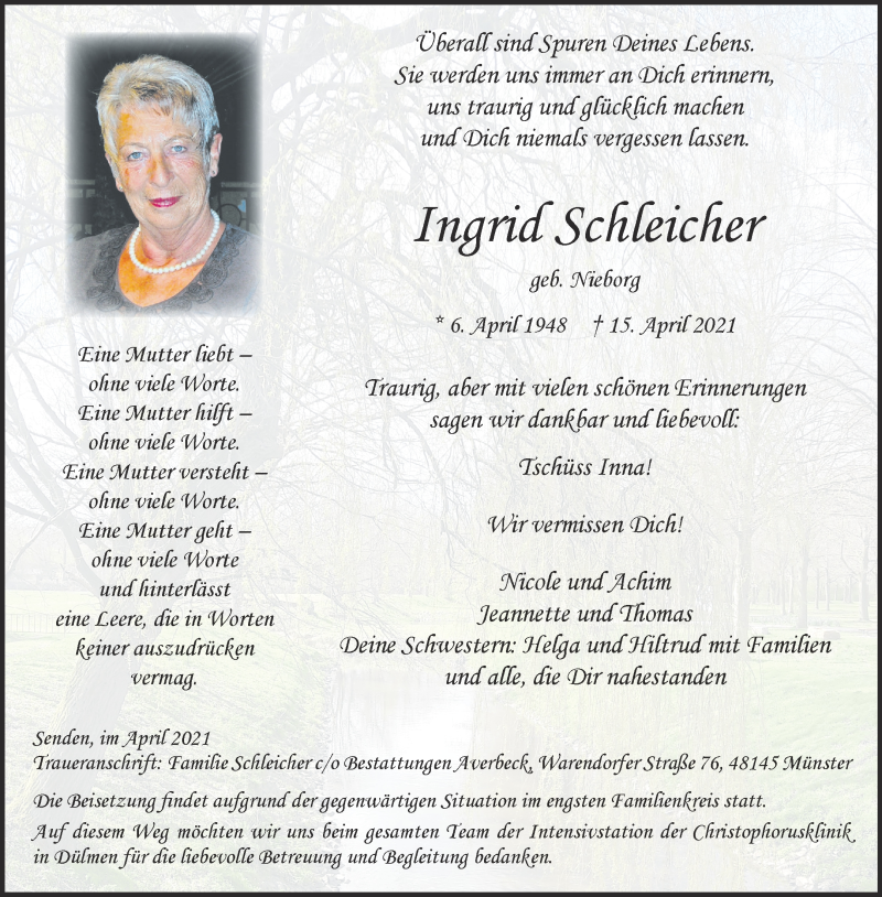  Traueranzeige für Ingrid Schleicher vom 24.04.2021 aus 