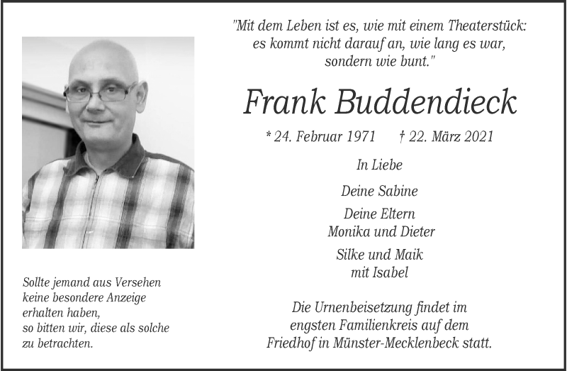  Traueranzeige für Frank Buddendieck vom 27.03.2021 aus 