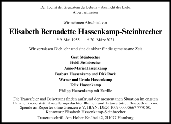 Anzeige von Elisabeth Bernadette Hassenkamp-Steinbrecher 