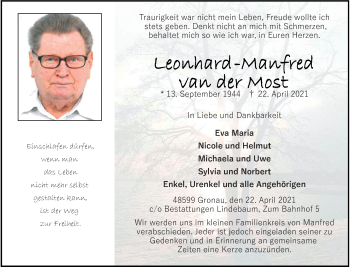 Anzeige von Leonhard-Manfred van der Most 