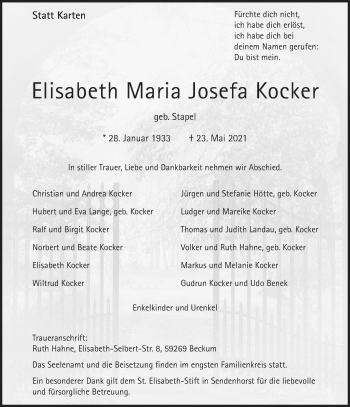 Anzeige von Elisabeth Maria Josefa Kocker 