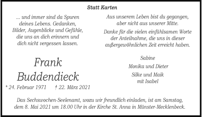  Traueranzeige für Frank Buddendieck vom 01.05.2021 aus 