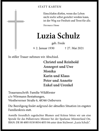 Anzeige von Luzia Schulz 