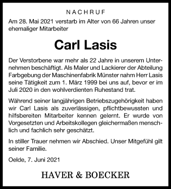 Anzeige von Carl Lasis 