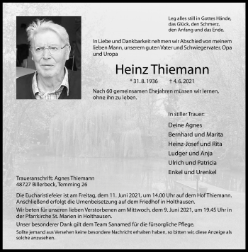 Anzeige von Heinz Thiemann 