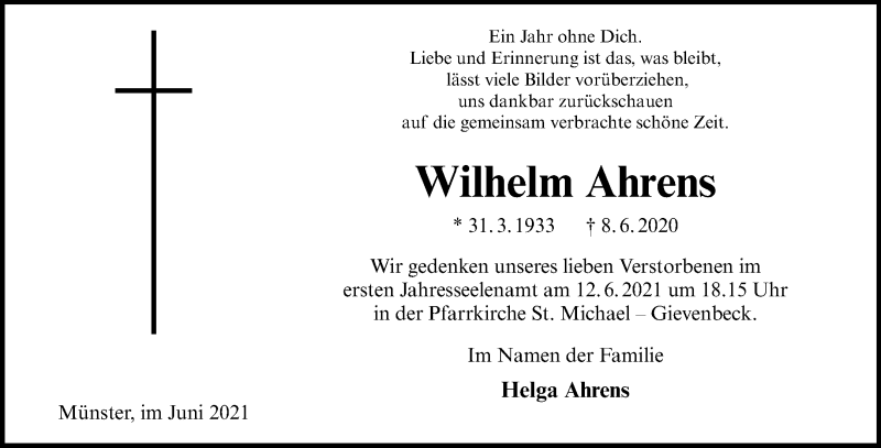 Traueranzeigen von Wilhelm Ahrens | www.trauer.ms