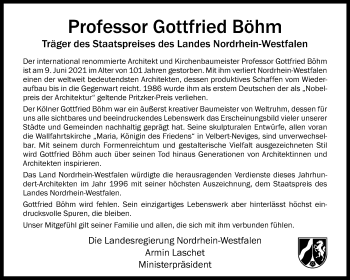 Anzeige von Gottfried Böhm 