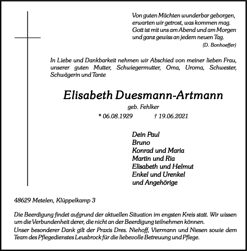 Traueranzeigen von Elisabeth Duesmann-Artmann | www.trauer.ms