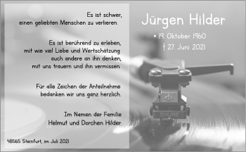 Anzeige von Jürgen Hilder 