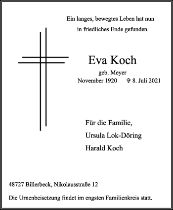 Anzeige von Eva Koch 