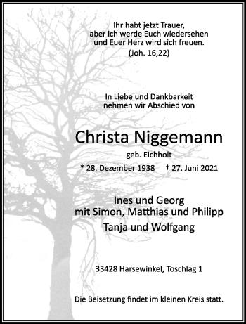 Anzeige von Christa Niggemann 