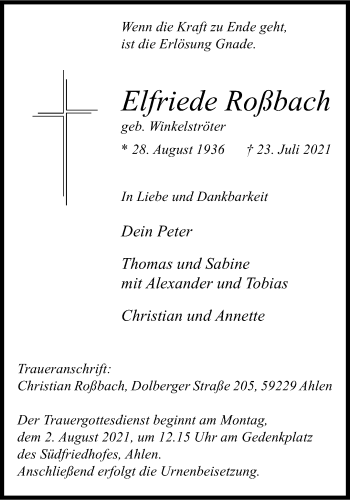 Anzeige von Elfriede Roßbach 