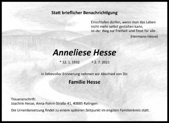 Anzeige von Anneliese Hesse 