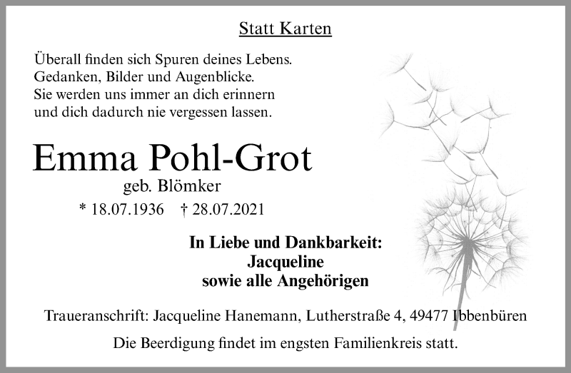  Traueranzeige für Emma Pohl-Grot vom 31.07.2021 aus 