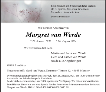 Anzeige von Margret van Werde 