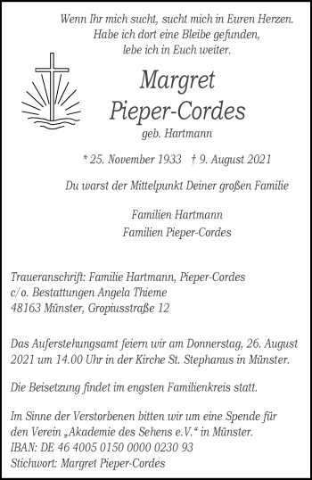 Anzeige von Margret Pieper-Cordes 