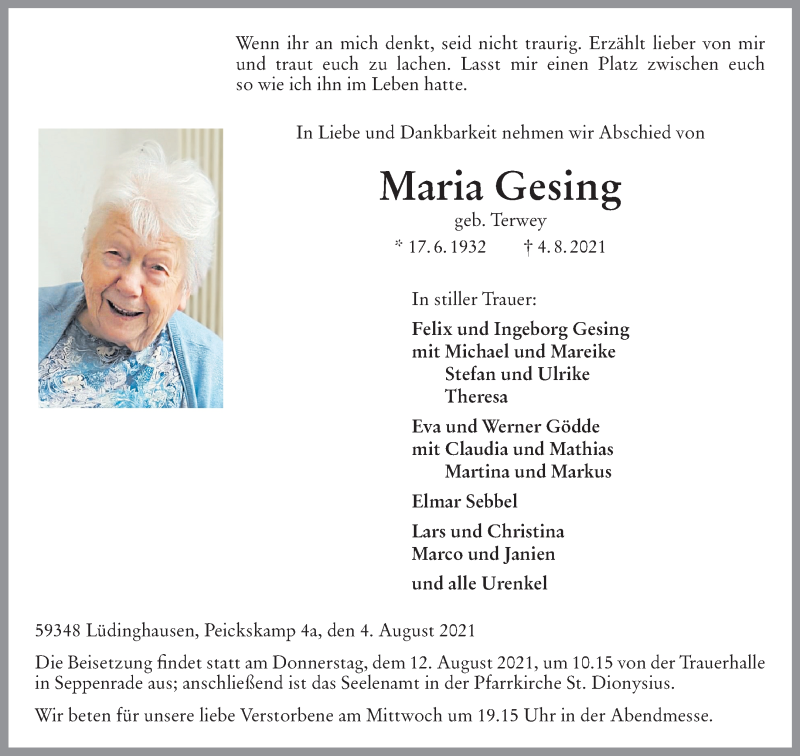 Traueranzeigen von Maria Gesing | www.trauer.ms