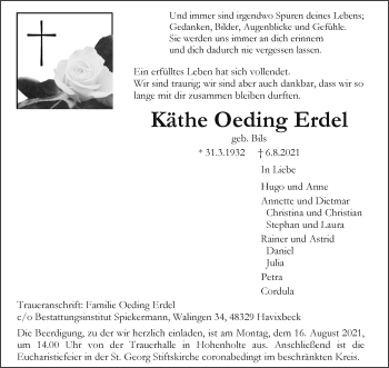 Anzeige von Käthe Oeding Erdel 