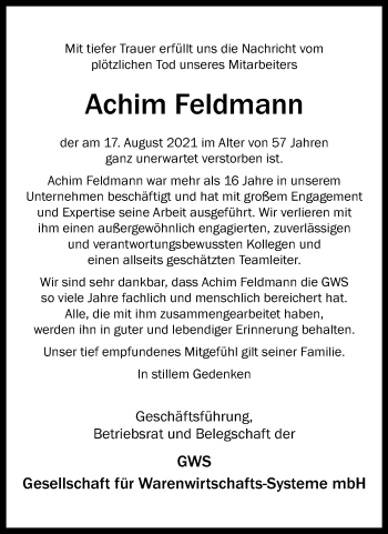 Anzeige von Achim Feldmann 