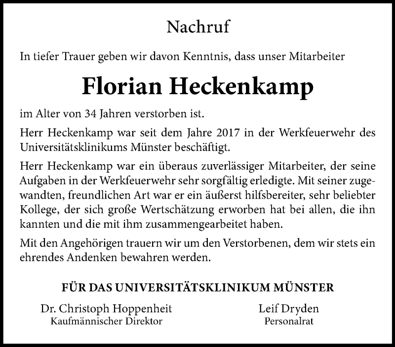  Traueranzeige für Florian Heckenkamp vom 05.08.2021 aus 